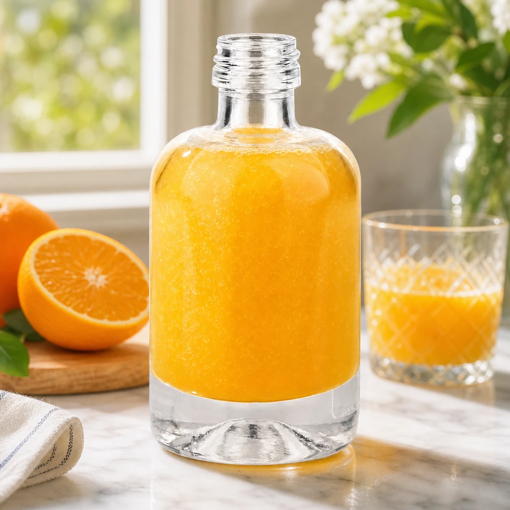 40 ml glasflaske »Sara« uden skruelåg UNiTWIST® 40 ml glasflaske Sara fyldt med appelsinjuice viser alsidighed til drikkevarer og kosmetik uden hætte