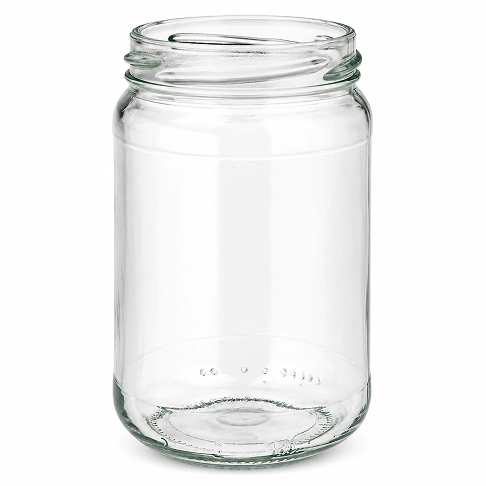 UNiTWIST Runda305 - Rundt glas med en kapacitet på 305 ml TO63 Tom rund krukke UNiTWIST Runda305 med 305 ml kapacitet og TO63-låg af gennemsigtigt glas til konserves