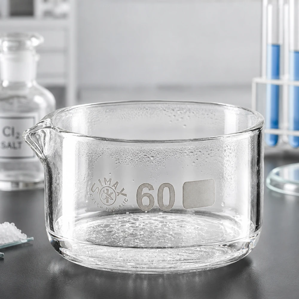 Krystalliseringsskål 60 ml med borosilikat-tud Krystalliseringsskål 60 ml, borosilikatglas, Simax, Tjekkiet, flad, cylindrisk udløb, laboratorieskål, klar