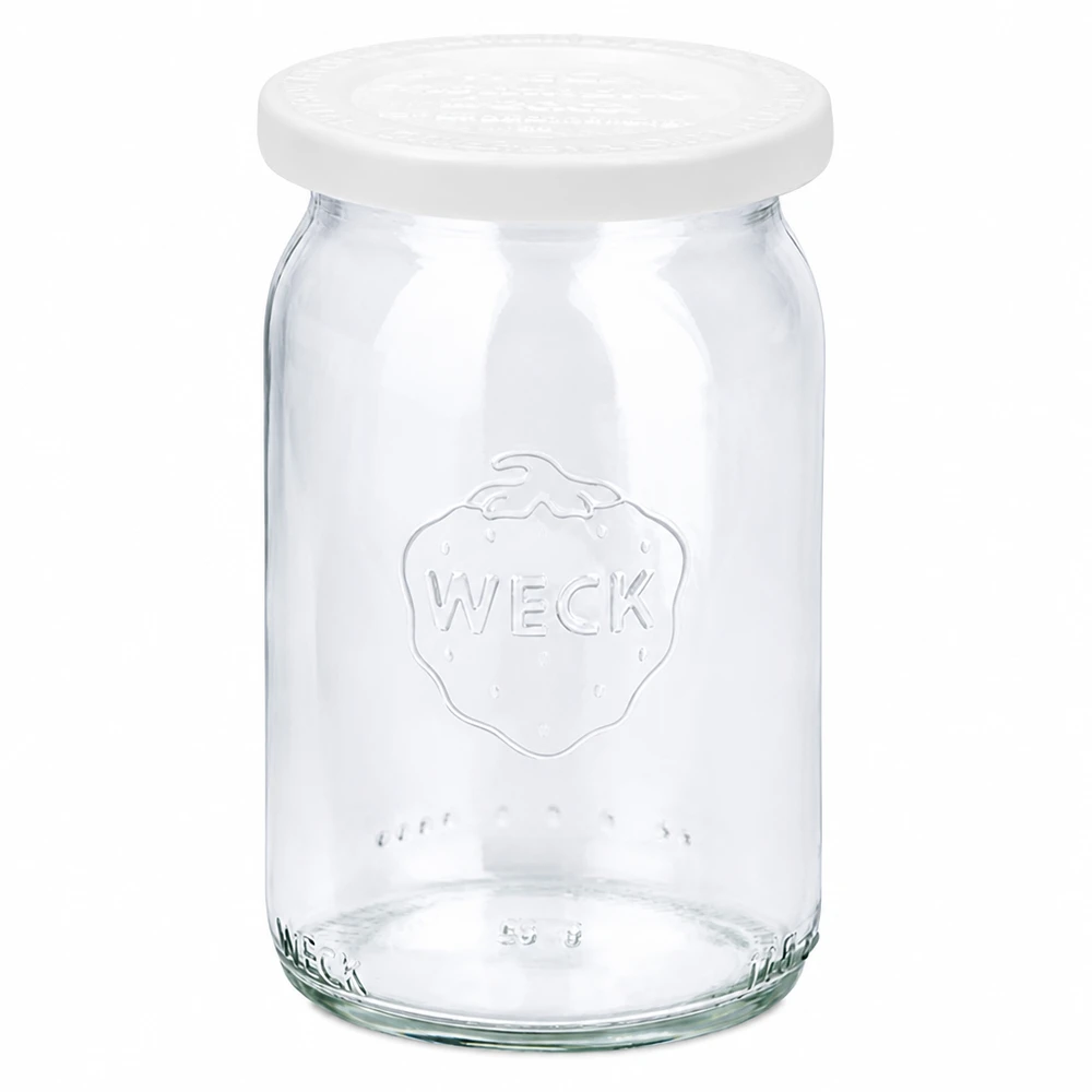 145 ml cylindrisk krukke med friskhedslåg. WECK RR40 WECK cylindrisk krukke 145 ml med hvidt friskhedslåg RR40 konserveringskrukke tom transparent