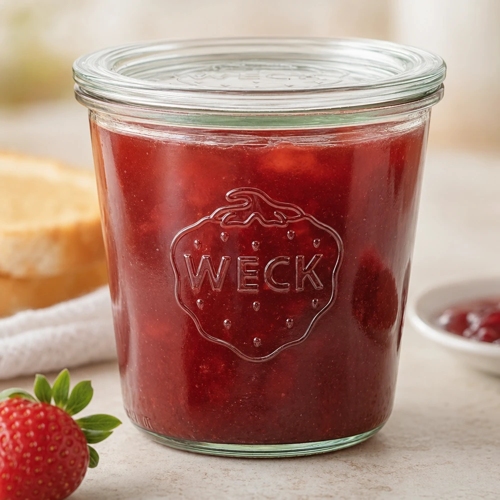 580 ml krukke med glaslåg WECK RR100 WECK 580 ml RR100-bægre med rød jordbærmarmelade og jordbærlogo på køkkenbordet
