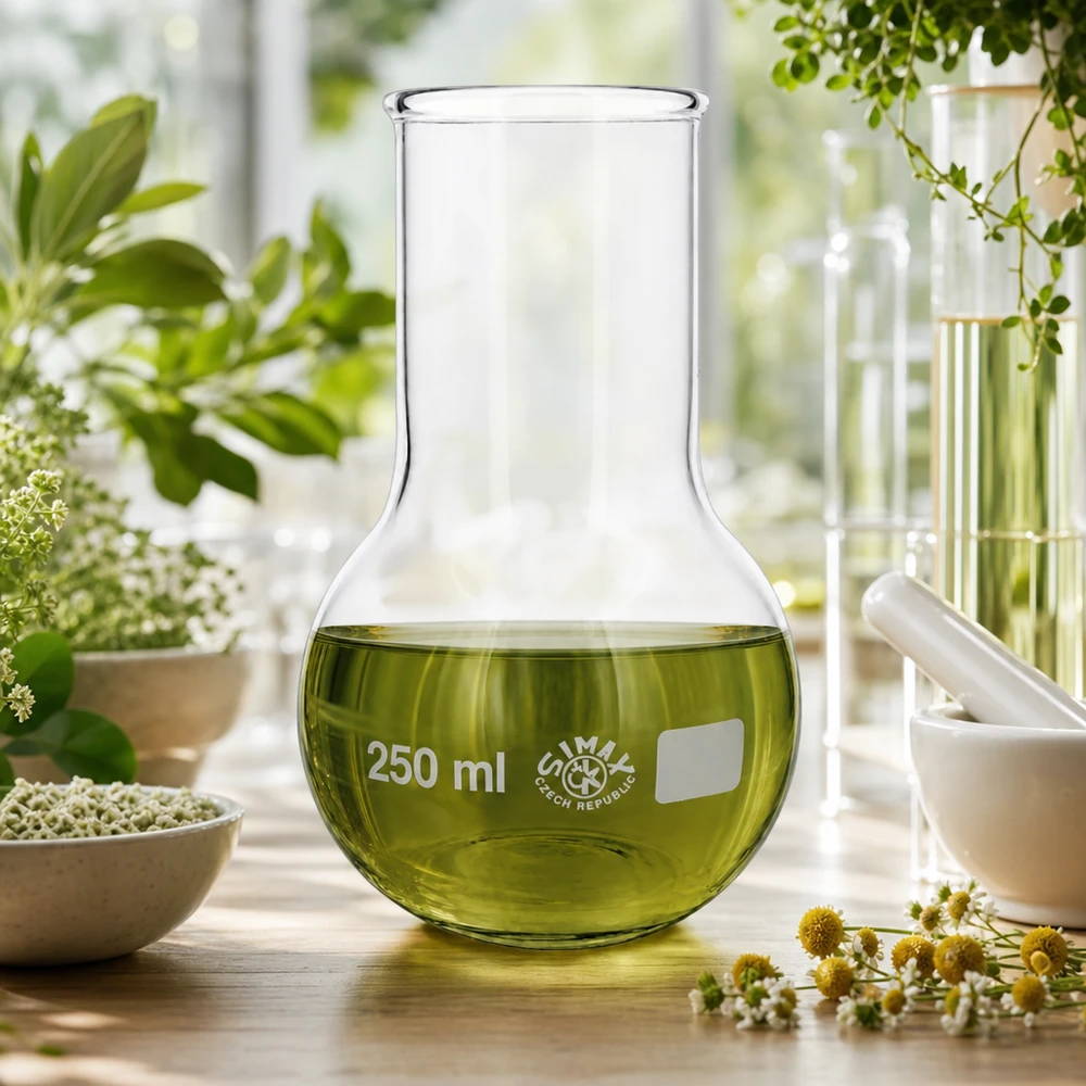 Lommelærke 250 ml med bred hals Laboratoriekolbe 250 ml med bred hals og grøn væske på træbord ved siden af botaniske planter