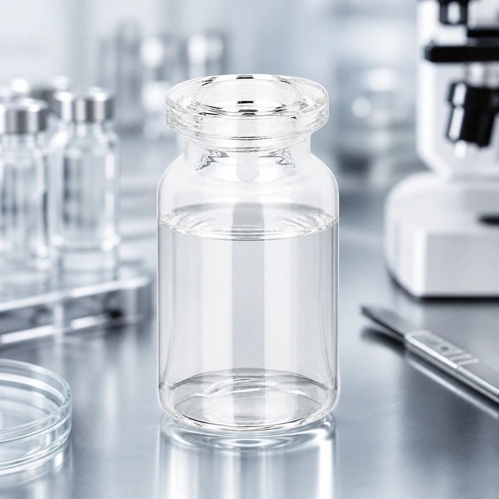 Injektionsflaske i klart glas 5 ml Hochwertige Klarglas Viale 5ml für Injektionslösungen vor medizinischem Laborhintergrund mit Mikroskop