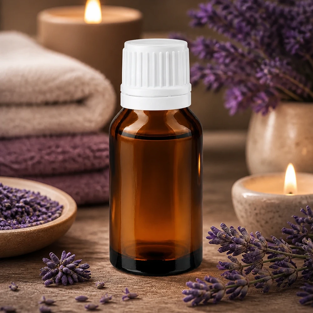 Brun glasflaske på 30 ml med hvid OV-prop, omgivet af lavendelblomster og stearinlys