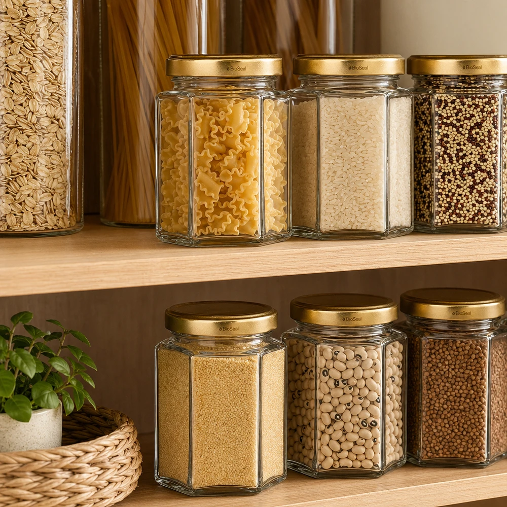 UNiTWIST Hexa196 med gyldent låg TO58 BioSeal Sekskantede UNiTWIST Hexa196-opbevaringsglas med TO58 BioSeal-guldlåg i organiseret spisekammer med pasta og bælgfrugter.