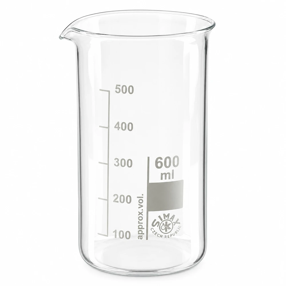 Bægerglas 600 ml borosilikatglas, høj form Becherglas på 600 ml, høj model, fremstillet af borosilikatglas med milliliterskala fra 100 til 500 ml
