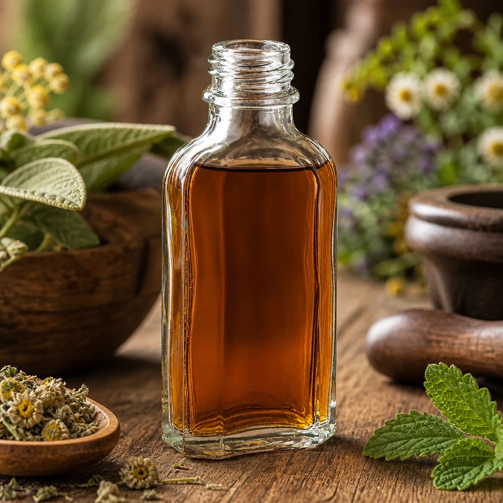 Flad 50 ml Meplat-flaske, gennemsigtig, med DIN22-gevind, omgivet af lægeurter og blomster