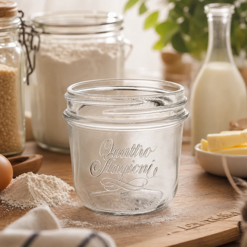 200 ml "Quattro Stagioni"-smykkeglas 200 ml Quattro Stagioni-glaskrukke på træbord med bageingredienser, mel, æg og mælkeflaske i køkkenet