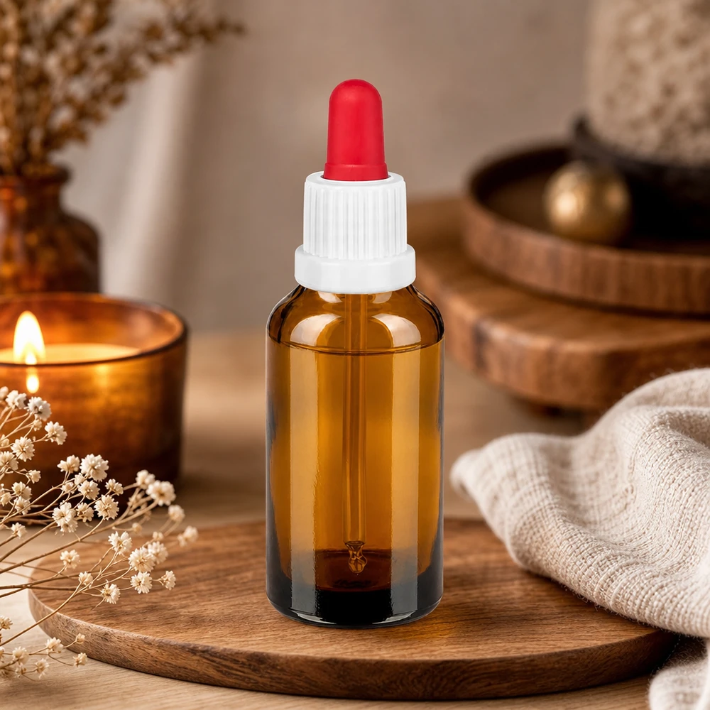 30 ml pipetteflaske hvid/rød OV BrownLine UT18/30 UV-beskyttende ravfarvet glasflaske 30 ml med præcis doseringspipette til kosmetik og naturmedicin