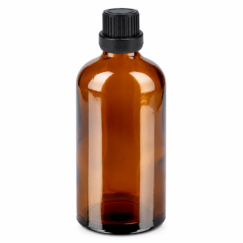 100 ml dråbeflaske 2 mm sort OV BrownLine UT18/100 100 ml brun glasflaske med sort dråbehætte til æteriske olier og tinkturer