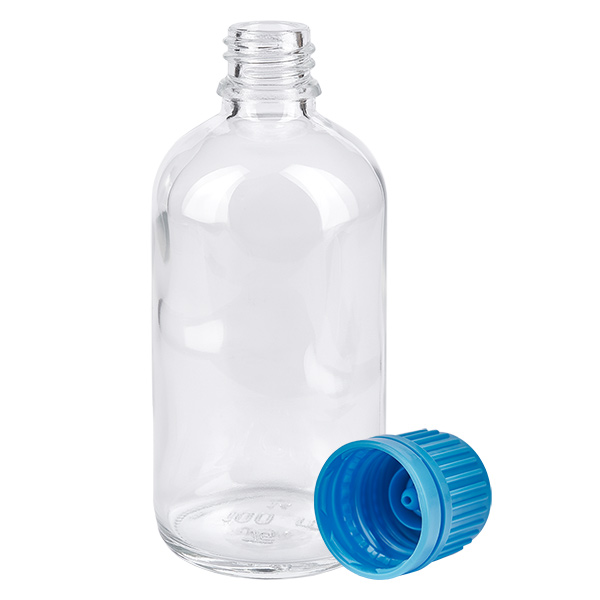 100 ml flaske 11 mm SV blå OV ClearLine UT18/100 Gennemsigtig 100 ml glasflaske UT18 med åben blå sikkerhedslås 11 mm SV