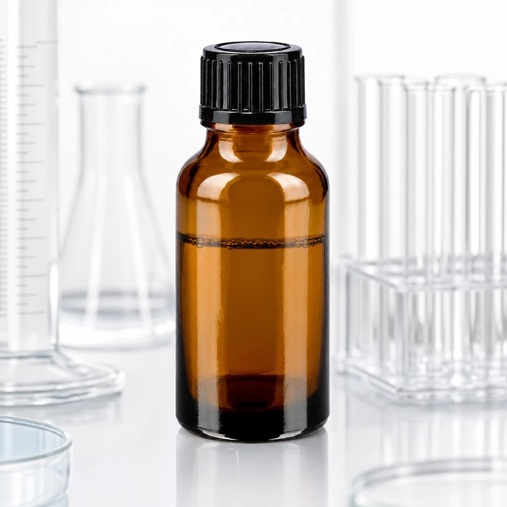 Apoteksflaske brun 20ml skruelåg sort pc 20 ml apotekerflaske af brunt glas med sort låg i laboratoriemiljøet