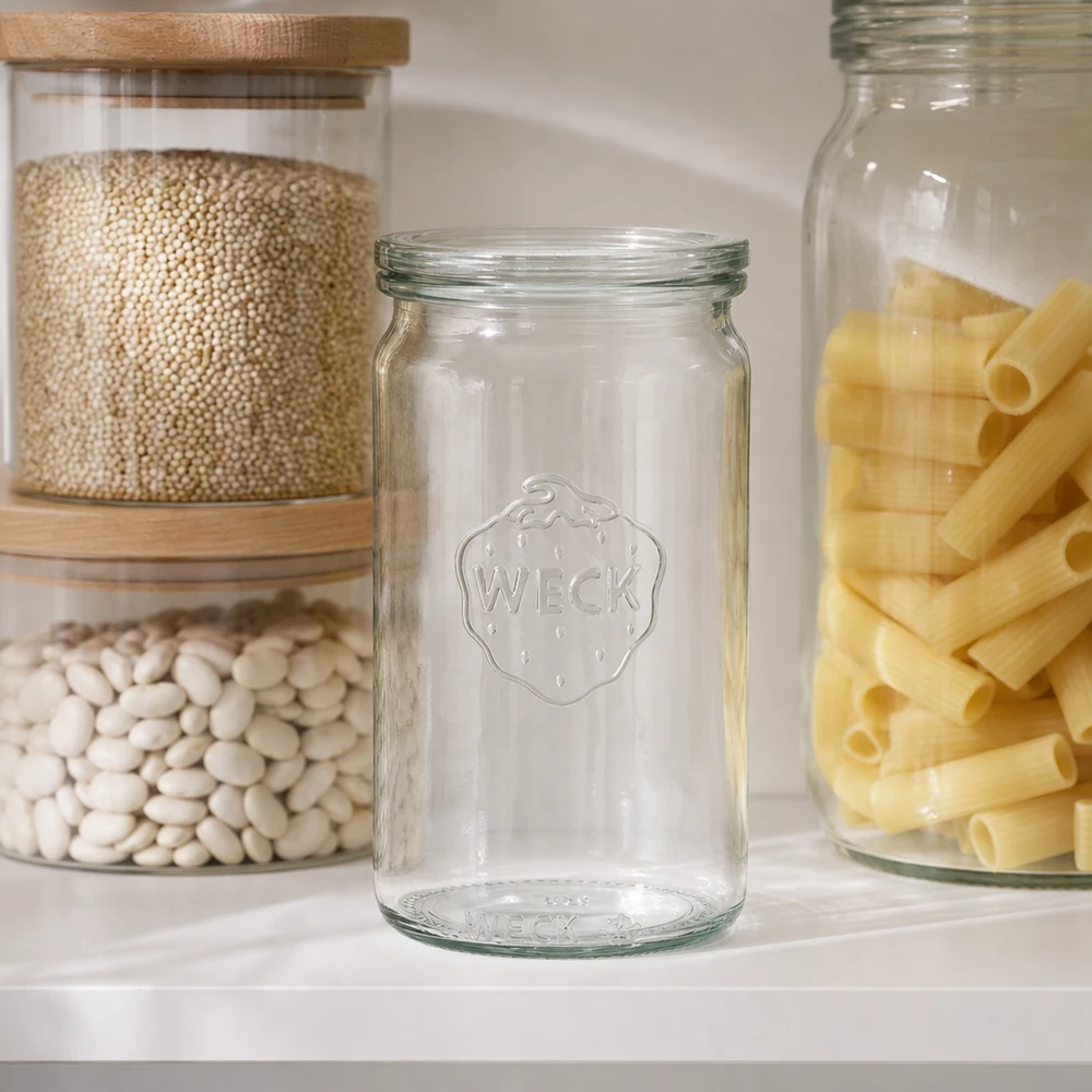 340 ml cylinderglas med glaslåg WECK RR60 WECK 340ml Zylinderglas RR60 leer in moderner Pantry zwischen Vorratsgläsern mit Hülsenfrüchten und Nudeln Küchenausstat