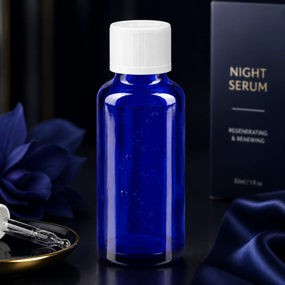 Apoteksflaske blå 30ml dråbetæller hvid KiSi St Elegant 30 ml koboltglasflaske til natteserum med hvid KiSi-lukning på mørk baggrund