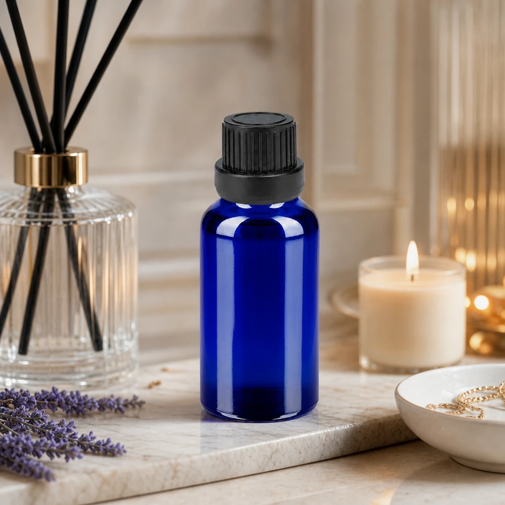 20 ml flaske 11 mm SV sort OV BlueLine UT18/20 Kompakt 20 ml aromaterapiflaske med sort, sikker hætte og elegant design