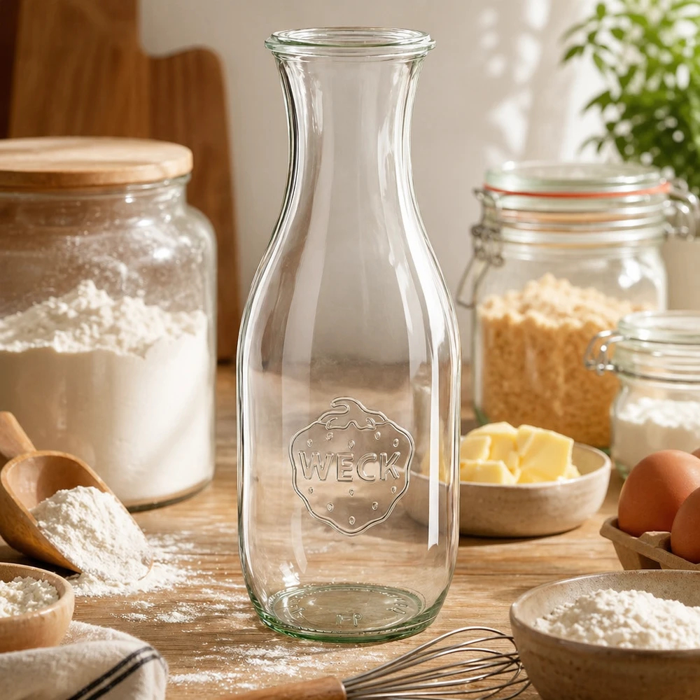 1062 ml saftflaske WECK RR60 WECK saftflaske 1062ml RR60 i bagekøkkenet med mel æg smør og bageingredienser som en alsidig køkkenbeholder