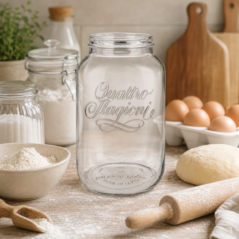 3800 ml husholdningsglas "Quattro Stagioni" 3800ml Quattro Stagioni Haushaltsglas in rustikaler Küche mit Backzutaten, perfekt für Vorratshaltung und Dekoration