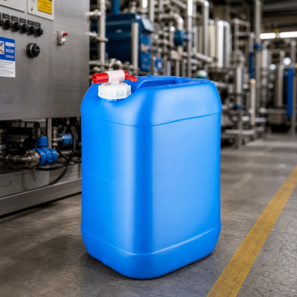 Rektangulær industrikanister på 25 liter, blå med rødt tappehåndtag, på betongulvet i en fabrikshal