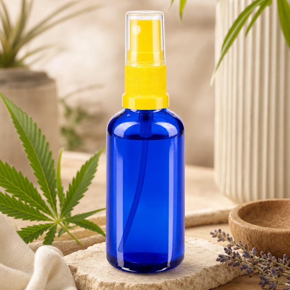 Blå 50 ml STD-sprayflaske af apotekerglas med gul forstøver ved siden af et cannabisblad