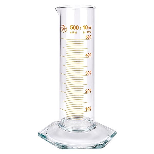 500 ml målecylinder NF af glas, brun skala. NF = lav form. Skala af borosilikatglas med tud. Sekskantet base. 500 ml målecylinder NF af glas, brun skala. NF = lav form. Skala af borosilikatglas med tud. Sekskantet base.