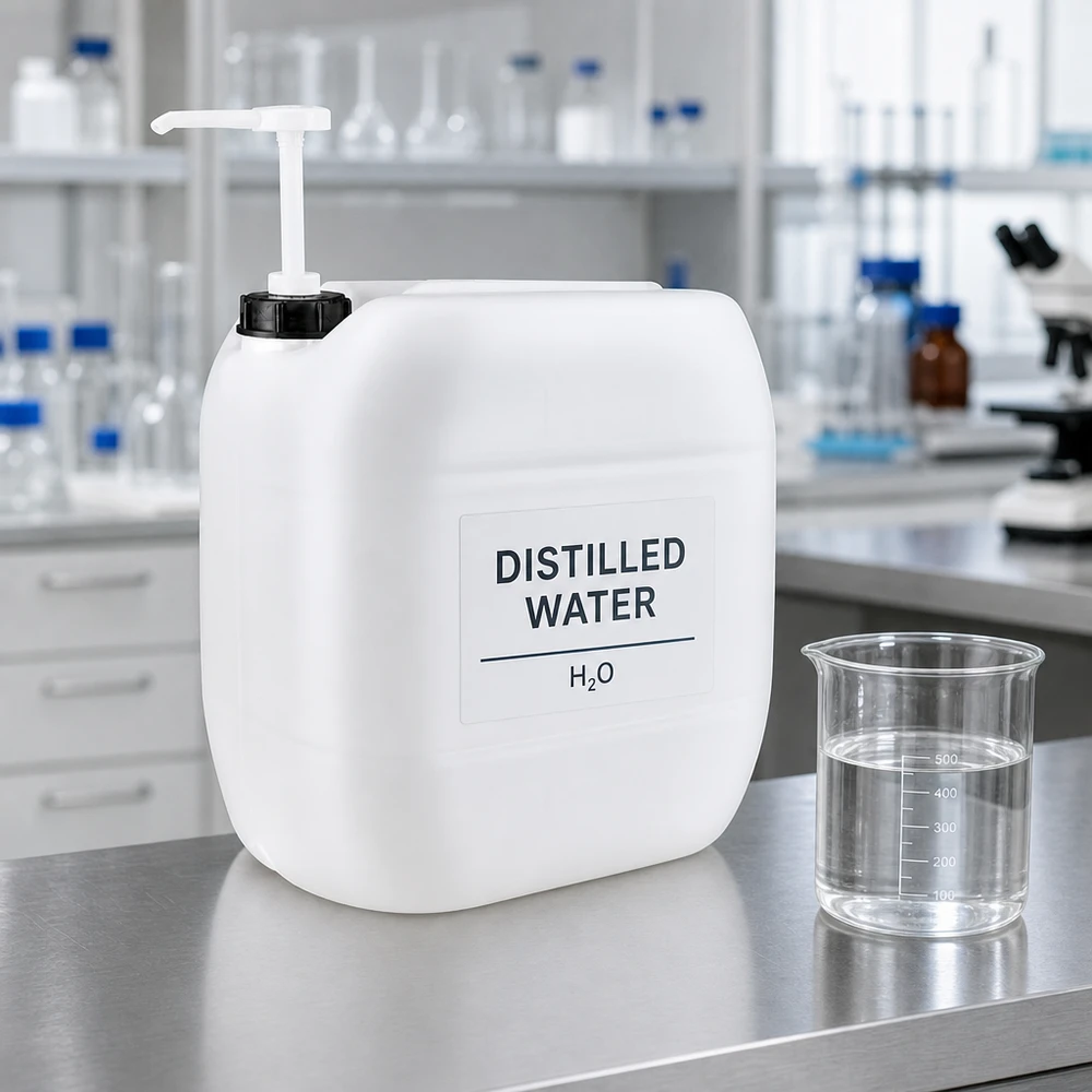 Beholder 30 liter med doseringspumpe 30 liters laboratoriekanister med doseringspumpe, fyldt med destilleret vand (H₂O)