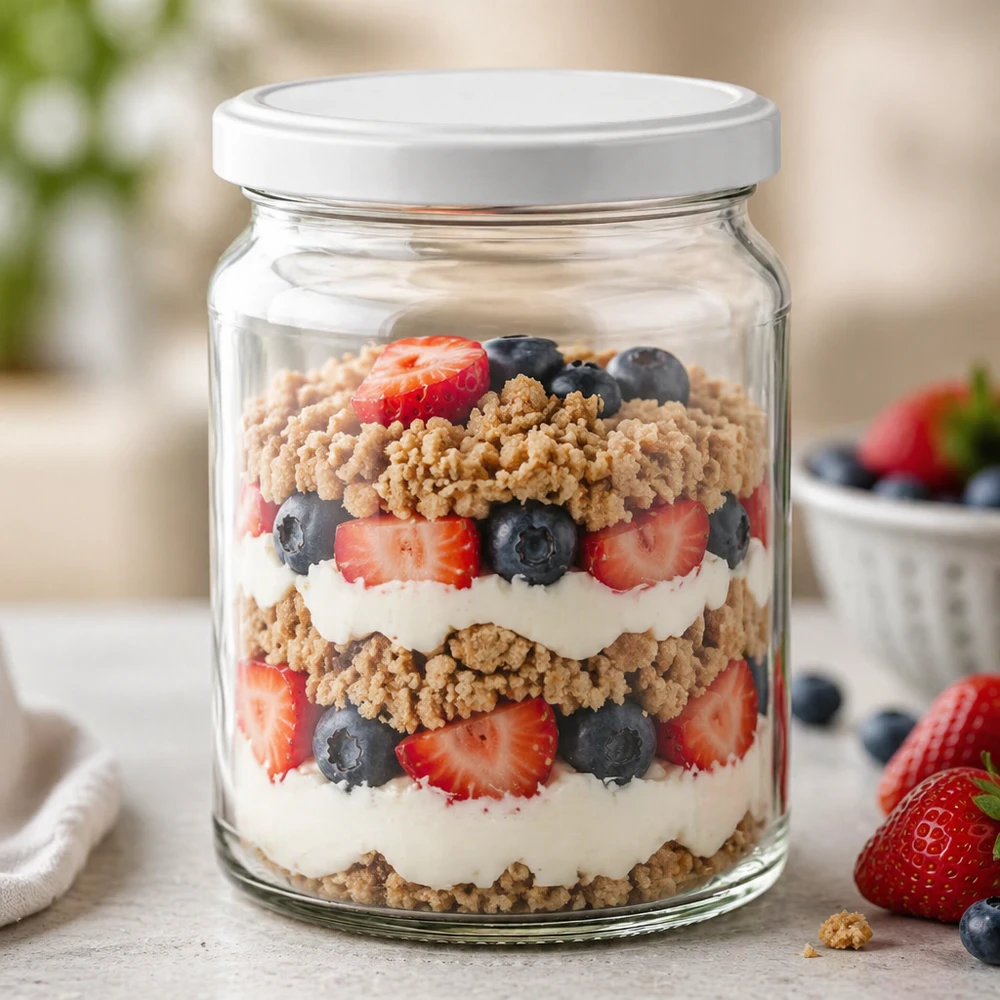205 ml rund krukke med BasicSeal-låg hvid UNiTWIST 205 ml rundt glas UNiTWIST som dessertglas til lagdelte desserter med bær og yoghurt - alsidigt glas