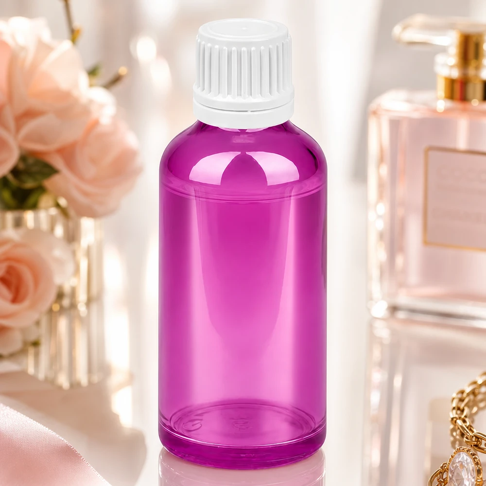 50 ml flaske 11 mm skruelåg hvid Originality skruelåg PurpleLine UT18/50 Elegant 50 ml designerflaske i lilla med hvid hætte til kosmetiske produkter af høj kvalitet