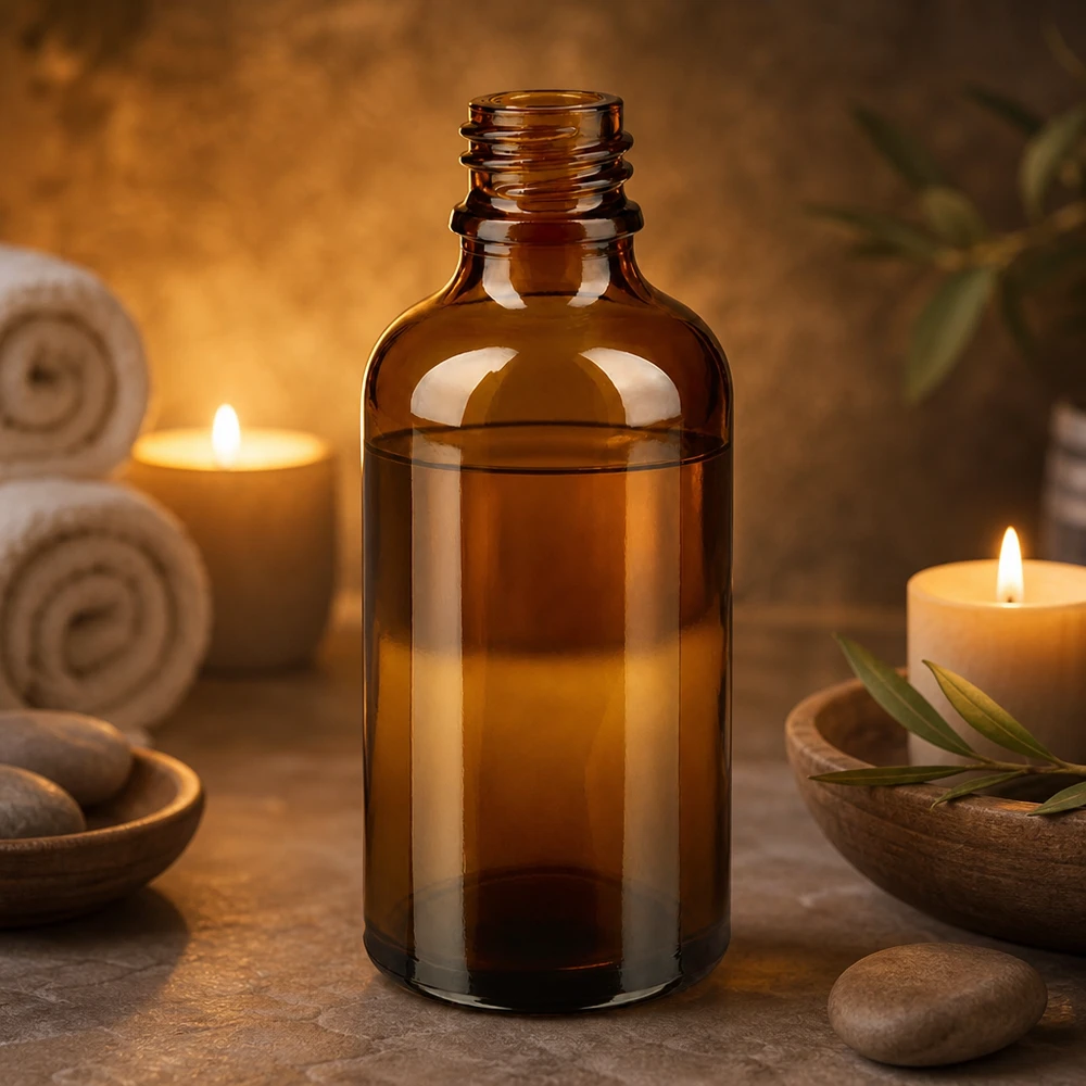 Dropperflaske 50 ml DIN 18 lavet af ravfarvet glas 50 ml brun ApoGlas-apoteksflaske med olie i varmt stearinlyslys Wellness-atmosfære ved siden af spa-sten