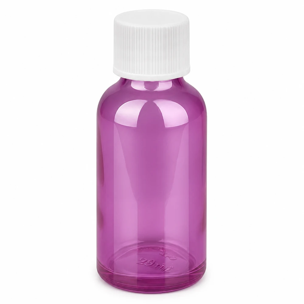 30 ml flaske 11 mm skruelåg hvid standard PurpleLine UT18/30 30 ml glasflaske i violet med hvidt skruelåg til kosmetik og lægemidler