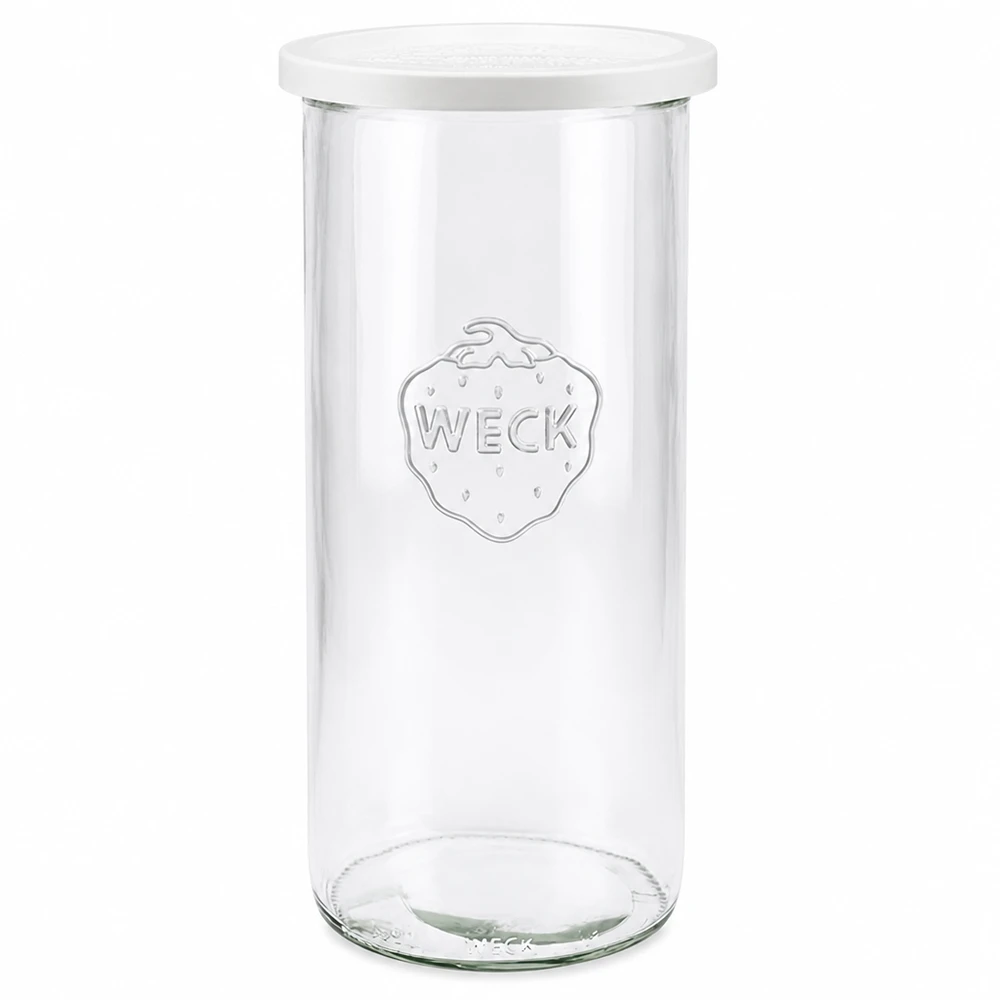 1500 ml Briller med friskhedslåg WECK RR100 WECK opbevaringsglas 1500 ml med hvidt friskhedslåg RR100 lavet af klart glas med WECK-logo til opbevaring