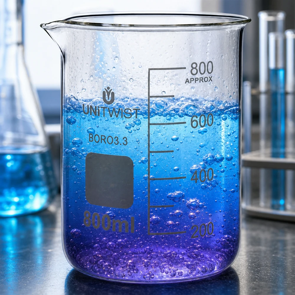Bægerglas 800 ml borosilikat, lav form UNiTWIST 800 ml bægerglas i lav udførelse af borosilikatglas 3.3 med en violet-blå skinnende væske
