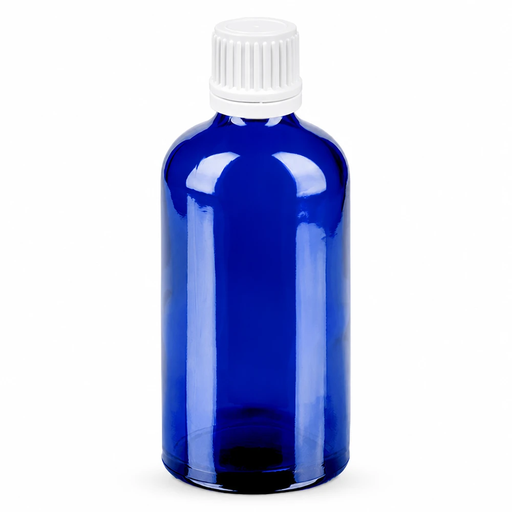 100 ml flaske 11 mm SV hvid OV BlueLine UT18/100 100 ml blå glasflaske med hvidt skruelåg 11 mm SV BlueLine-serien