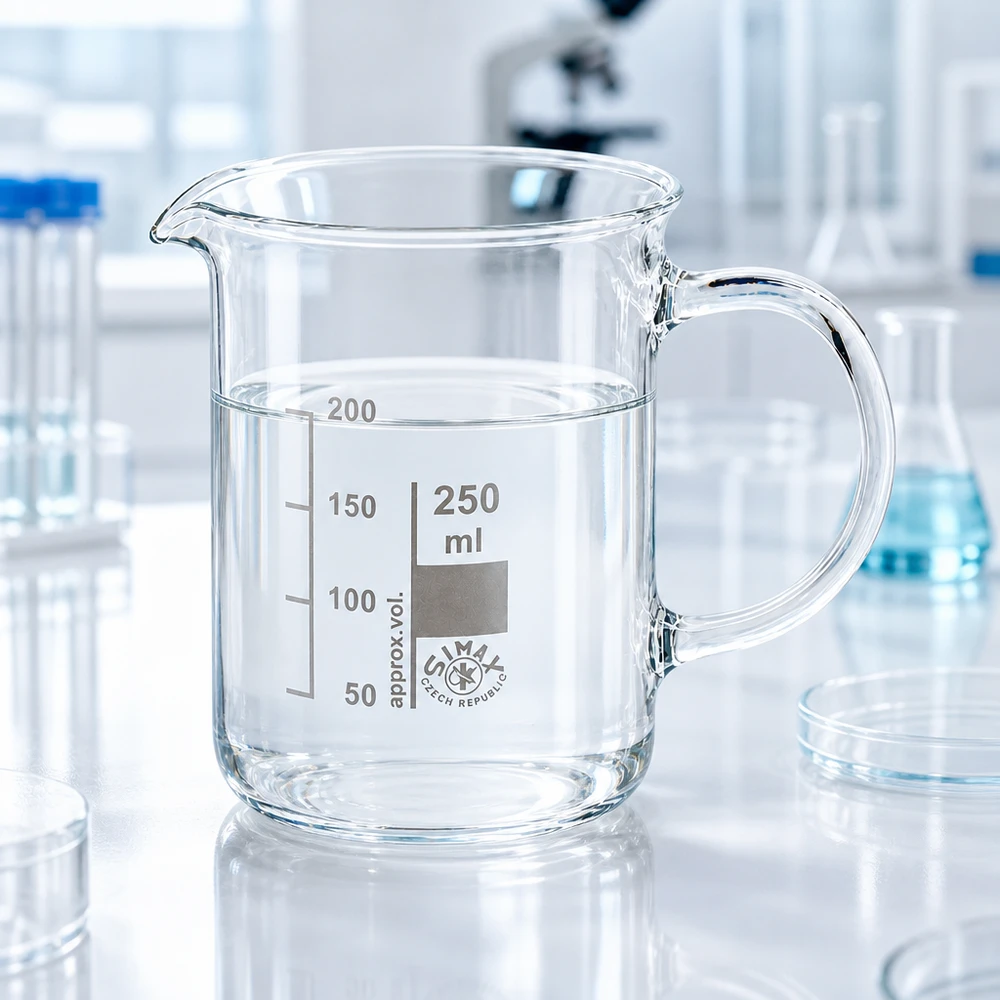 Bæger 250 ml borosilikatglas, med håndtag Gennemsigtigt bægerglas på 250 ml med hank og milliliterskala i et moderne laboratoriemiljø