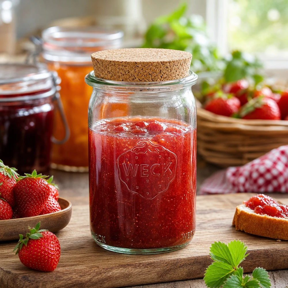 WECK 145 ml cylinderglas med korklåg fyldt med jordbærmarmelade omgivet af friske jordbær på et træbord