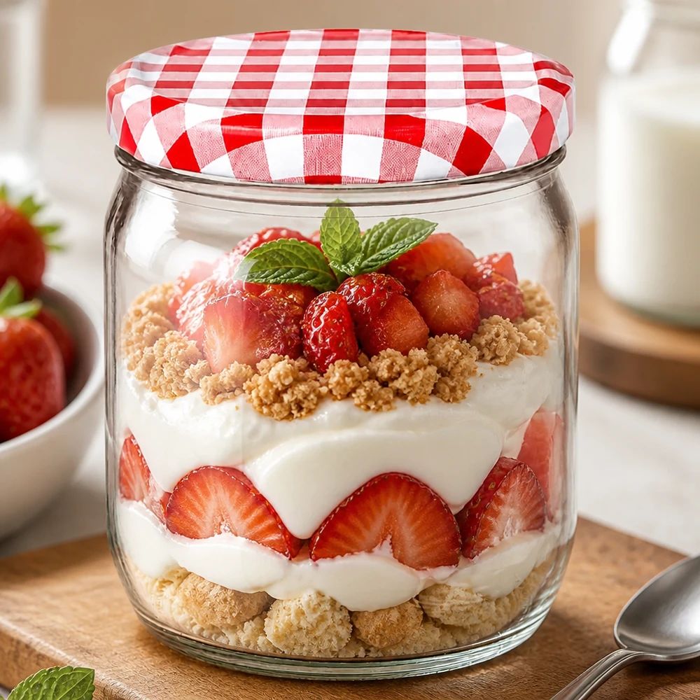 425 ml rund krukke + BasicSeal-låg rød/hvid UNiTWIST 425ml Rundglas als Dessertglas für Schichtdessert mit Erdbeeren und Sahne, BasicSeal Deckel rot-weiss kariert