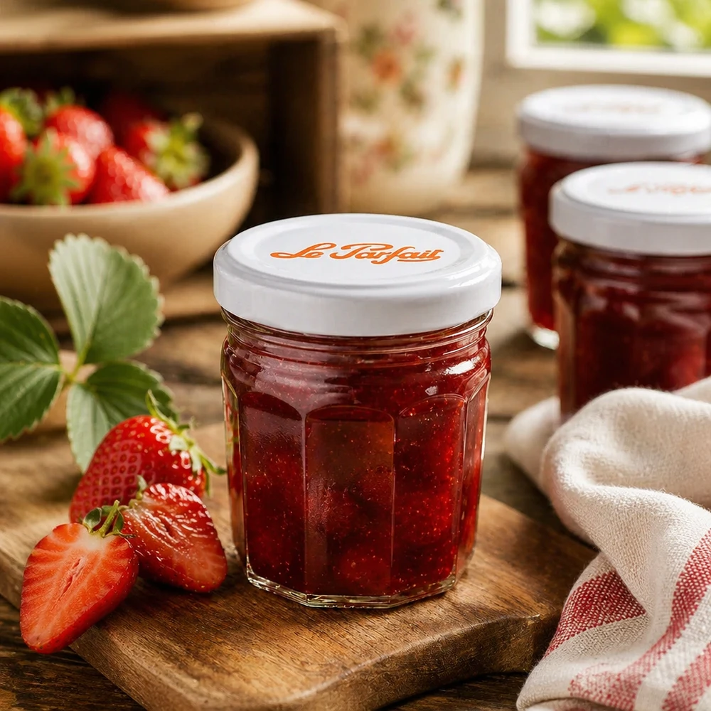 Le Parfait® Mini‑Jam 44 ml Ø48 mm glas Le Parfait mini syltetøjsglas 44 ml med jordbær og syltetøj på en træplade - perfekt til hjemmelavede smørepålæg