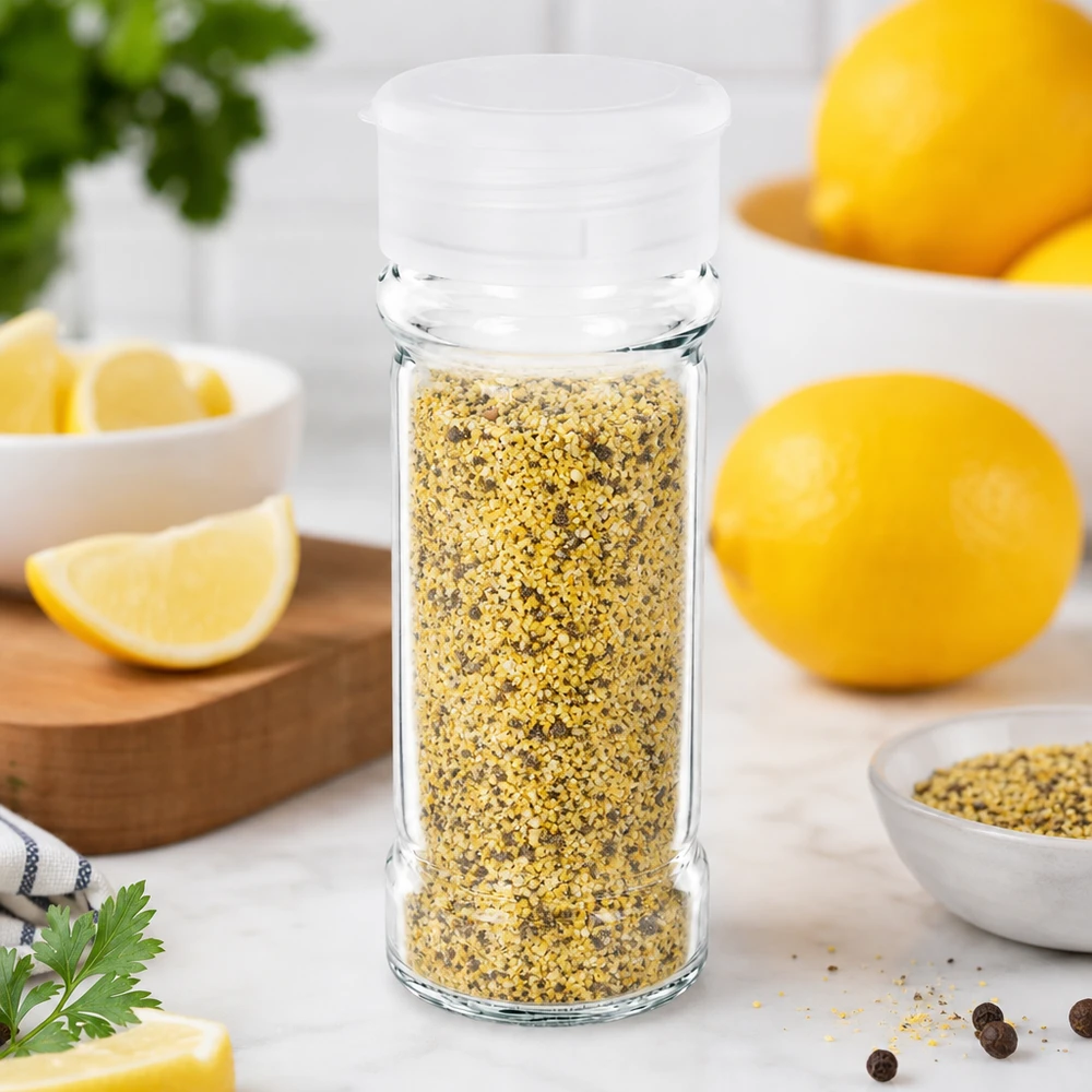 Gennemsigtigt saltglas på 100 ml med hvidt plastlåg og krydderiblanding med citronpeber