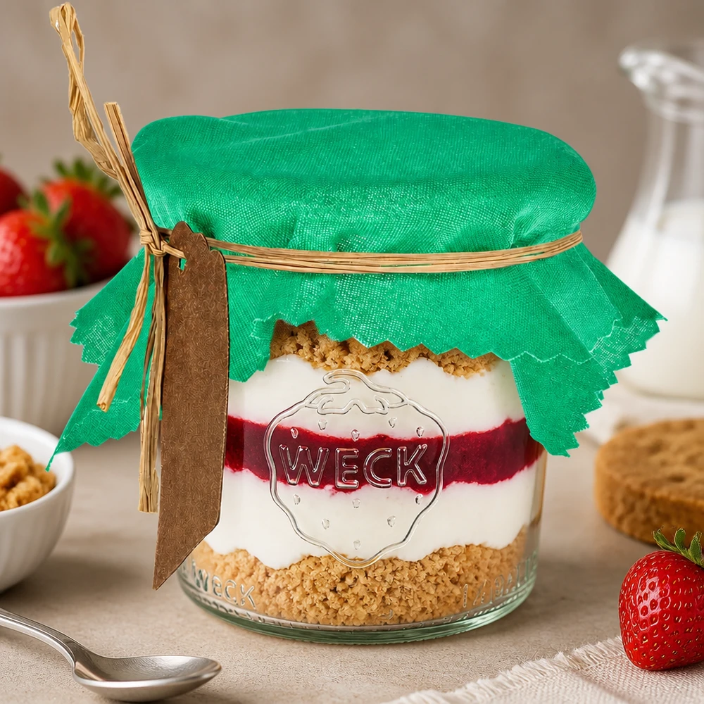 Stofdækkeserviet grøn 120x120mm firkantet Grøn stofdug 12 cm firkantet på dessertglas med lagdelt dessert og friske jordbær som borddekoration