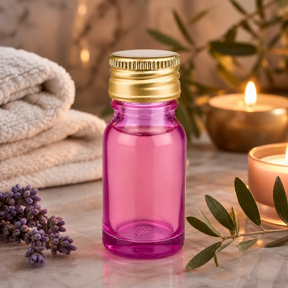 10ml flaske 11mm skruelåg aluminium guld standard PurpleLine. UT18/10 10 ml aromaterapiflaske af høj kvalitet med UV-beskyttelse i elegant lilla og guldfarvet hætte