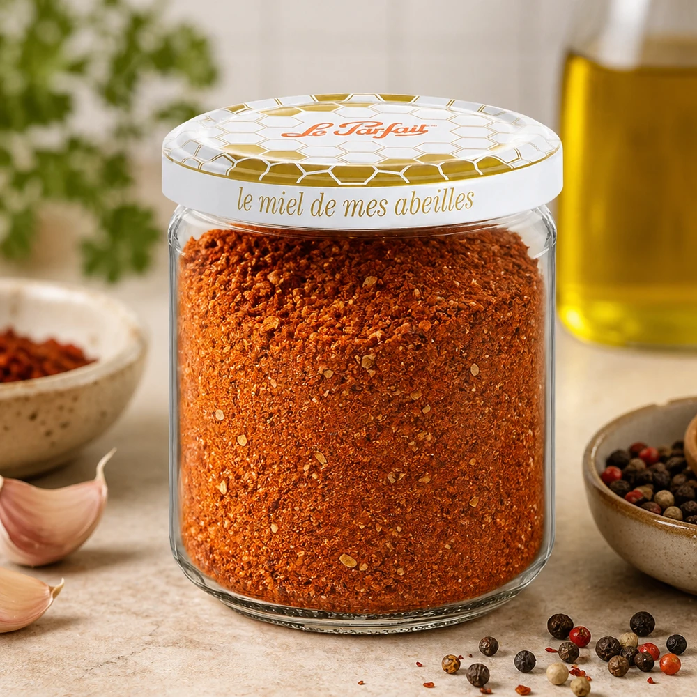 Le Parfait® honningglas 212 ml Ø63 mm Le Parfait Honey opbevaringskrukke 212 ml fyldt med krydderiblanding sammen med hvidløgspeberkorn og olivenolie