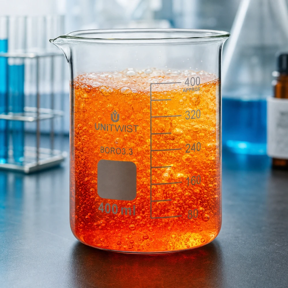 Bæger 400 ml borosilikat, lav form UNiTWIST UNiTWIST-glasbeholder på 400 ml med sprudlende orange væske og synlige bobler i laboratoriet