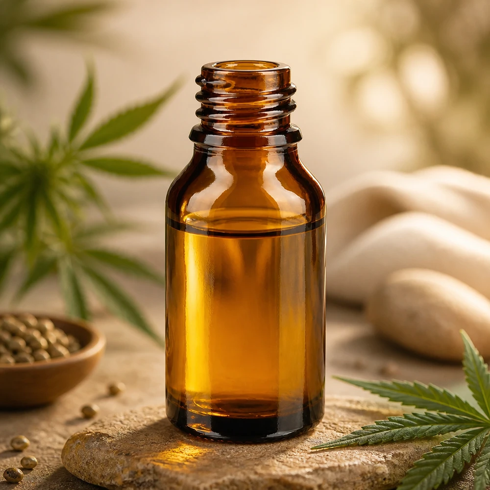 Dropperflaske 15 ml DIN 18 ravfarvet glas 15 ml brun ApoGlas-flaske med cannabisblade, hampfrø og spa-sten til naturlige wellness-produkter