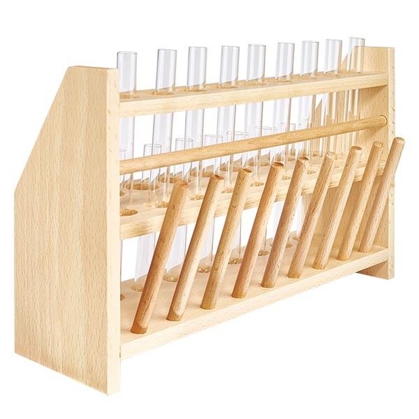 Reagensglasstativ i træ med 18 reagensglas plus sodakalk 100x12