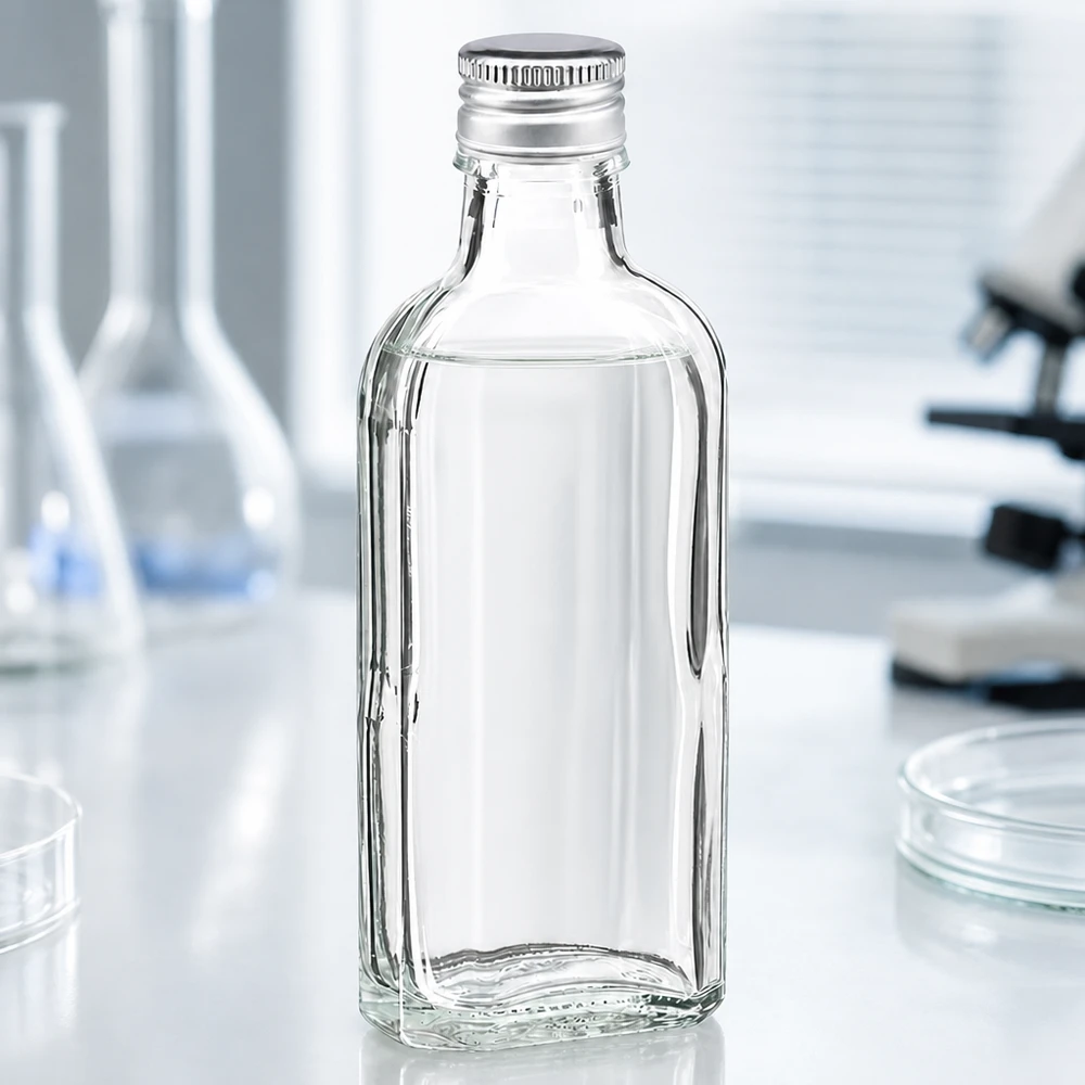 Gennemsigtig 100 ml Meplat-flaske med sølvfarvet aluminiumsskruelåg PP22 i laboratoriet