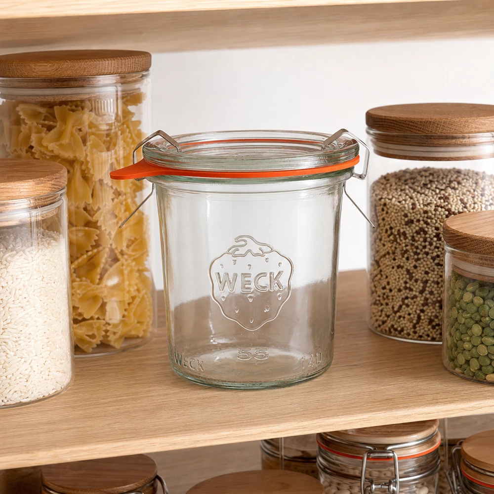 140 ml Briller komplet WECK RR60 WECK 140 ml RR60 opbevaringsglas i spisekammer med pasta, ris og bælgfrugter til madopbevaring