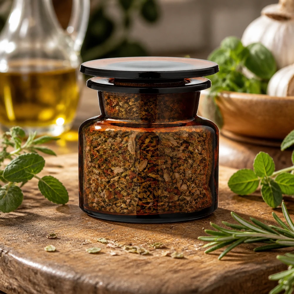 Idé til krydderiglas: apotekerflaske 50 ml med bred hals i ravfarvet glas Apotekerflaske, 50 ml, bredhalset, brunt glas, med urteblanding på et rustikt træbræt