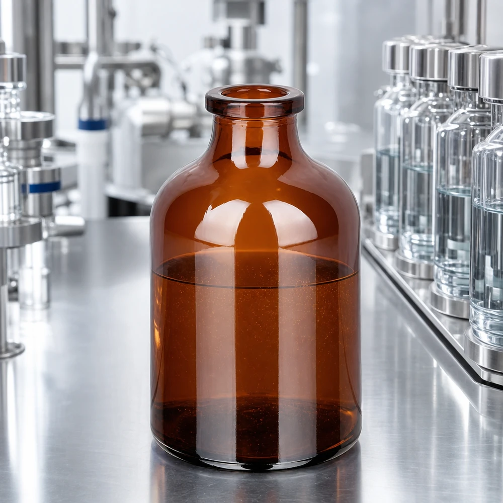 Injektionsflaske af ravfarvet glas 50 ml Injektionsflasche Braunglas 50ml mit bernsteinfarbenem Glaskörper in pharmazeutischer Produktionsumgebung