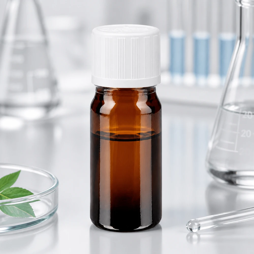 Apoteksflaske brun 5ml skruelåg hvid KiSi St 5 ml apotekerflaske af brunt glas med hvid skruelåg og børnesikring i laboratoriet