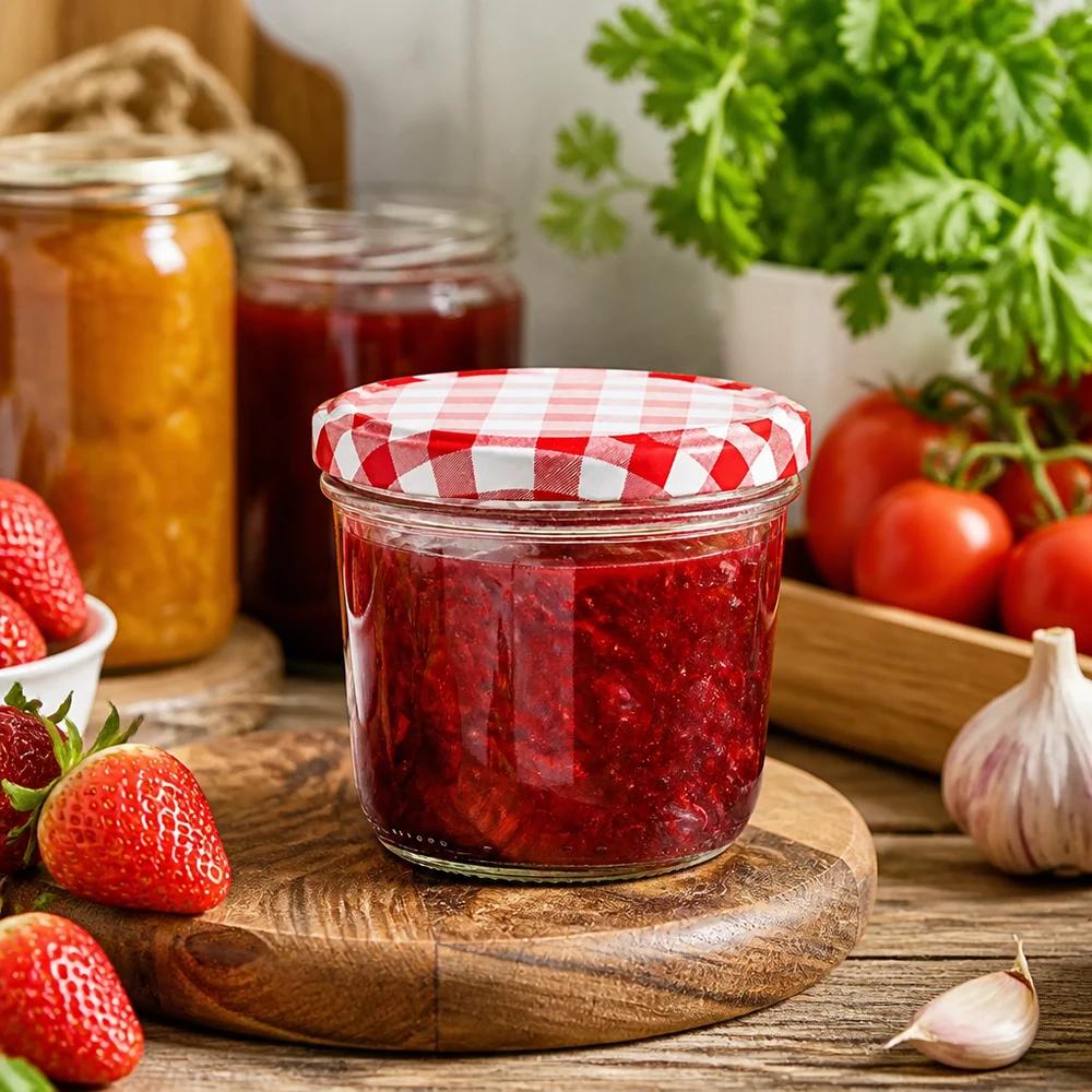 230 ml Briller + BasicSeal-låg rød/hvid UNiTWIST 230 ml glas i køkkenscene fyldt med jordbærmarmelade og BasicSeal-låg rød- og hvidternet