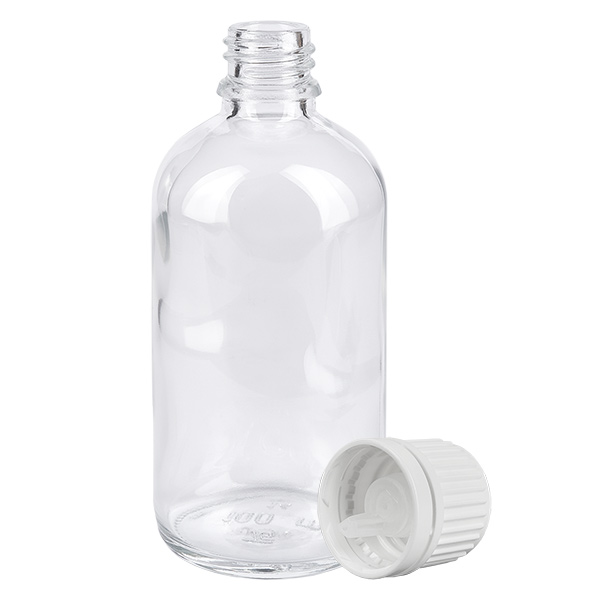 100 ml dråbeflaske 0,7 mm hvid OV ClearLine UT18/100 Gennemsigtig 100 ml dråbeflaske af klart glas med hvid skruelåg og forsegling